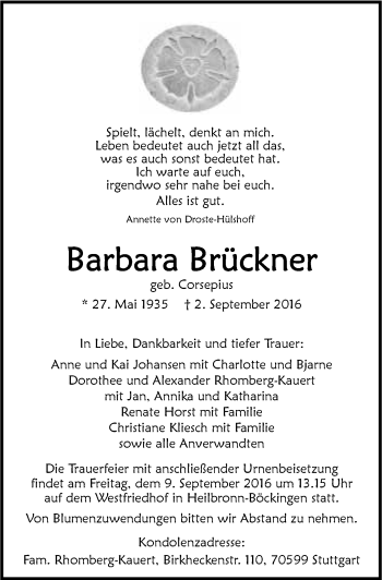 Traueranzeige von Barbara Brückner 