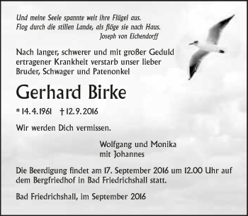 Traueranzeige von Gerhard Birke 