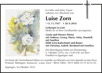 Traueranzeige von Luise Zorn 