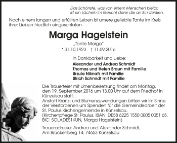 Traueranzeige von Marga Hagelstein 