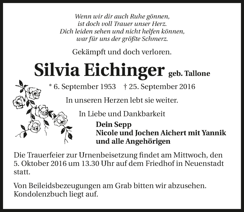  Traueranzeige für Silvia Eichinger vom 01.10.2016 aus 