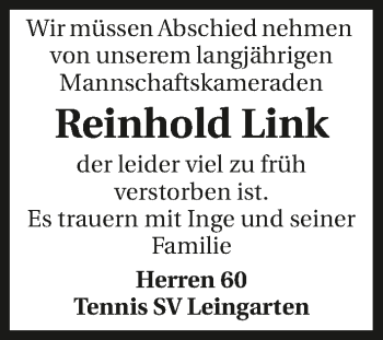 Traueranzeige von Reinhold Link 