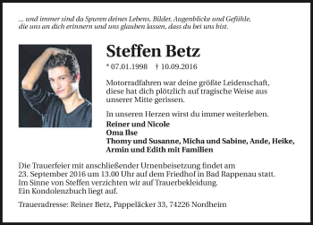 Traueranzeige von Steffen Betz 