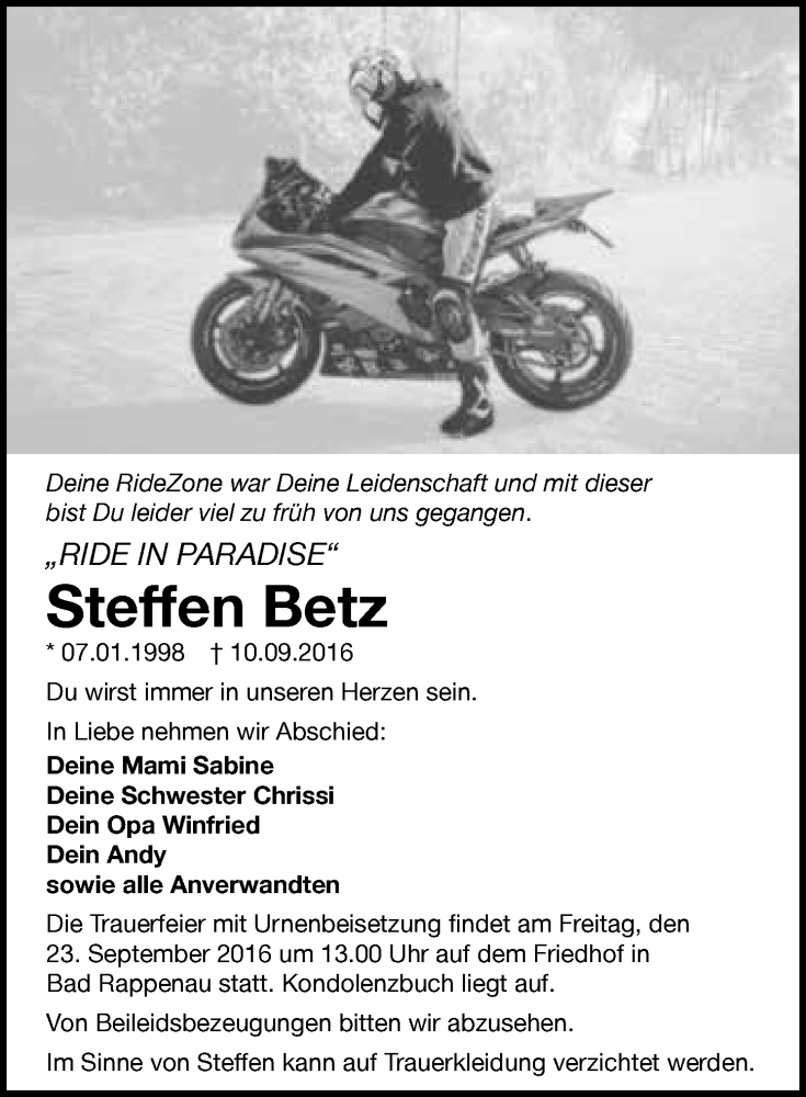  Traueranzeige für Steffen Betz vom 17.09.2016 aus 