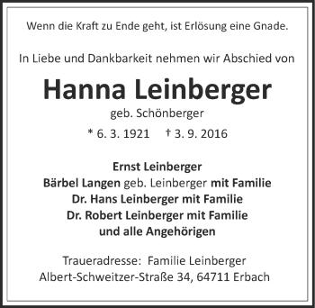 Traueranzeige von Hanna Leinberger 