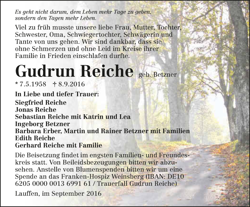  Traueranzeige für Gudrun Reiche vom 10.09.2016 aus 