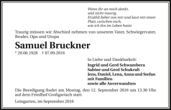 Traueranzeige von Samuel Bruckner 