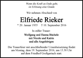 Traueranzeige von Elfriede Rieker 