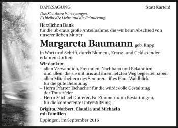 Traueranzeige von Margareta Baumann 