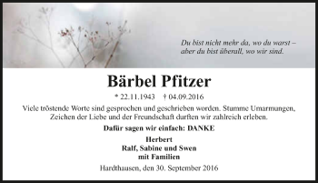 Traueranzeige von Bärbel Pfitzer 