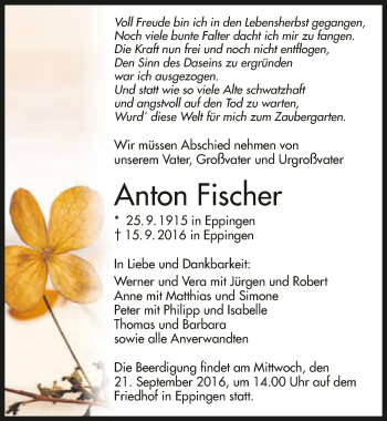 Traueranzeige von Anton Fischer 