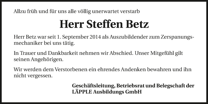  Traueranzeige für Steffen Betz vom 17.09.2016 aus 
