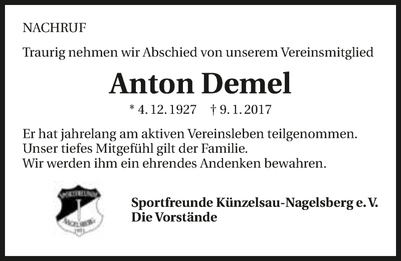  Traueranzeige für Anton Demel vom 17.01.2017 aus 