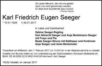 Traueranzeige von Karl Seeger 