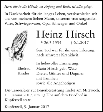 Traueranzeige von Heinz Hirsch 