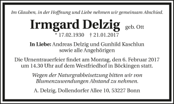 Traueranzeige von Irmgard Delzig 