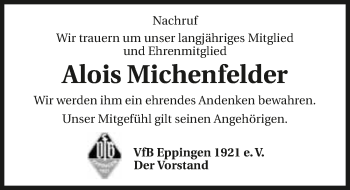 Traueranzeige von Alois Michenfelder 