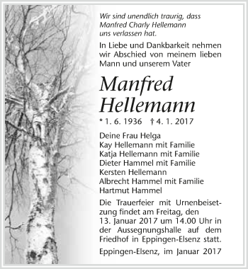 Traueranzeige von Manfred Hellemann 