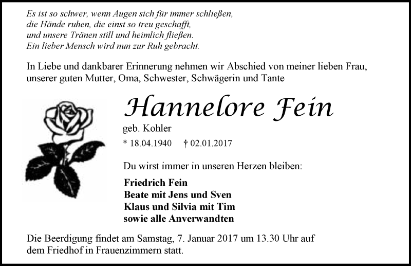  Traueranzeige für Hannelore Fein vom 04.01.2017 aus 