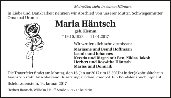 Traueranzeige von Maria Häntsch 