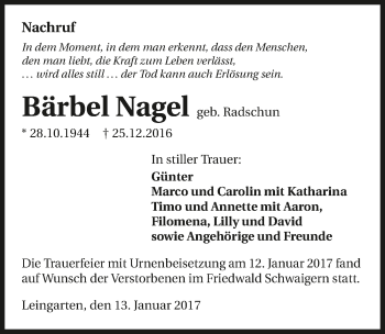 Traueranzeige von Bärbel Nagel 