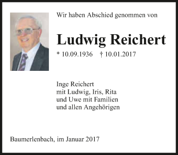 Traueranzeige von Ludwig Reichert 