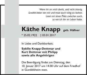 Traueranzeige von Käthe Knapp 