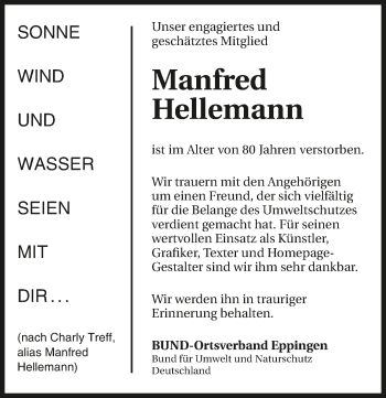 Traueranzeige von Manfred Hellemann 