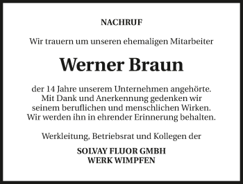 Traueranzeige von Werner Braun 