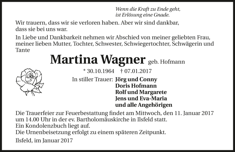  Traueranzeige für Martina Wagner vom 09.01.2017 aus 