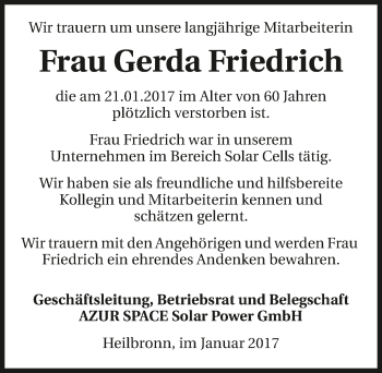 Traueranzeige von Gerda Friedrich 
