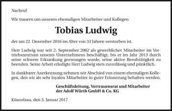 Traueranzeige von Tobias Ludwig 