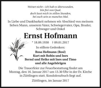 Traueranzeige von Ernst Hofmann 