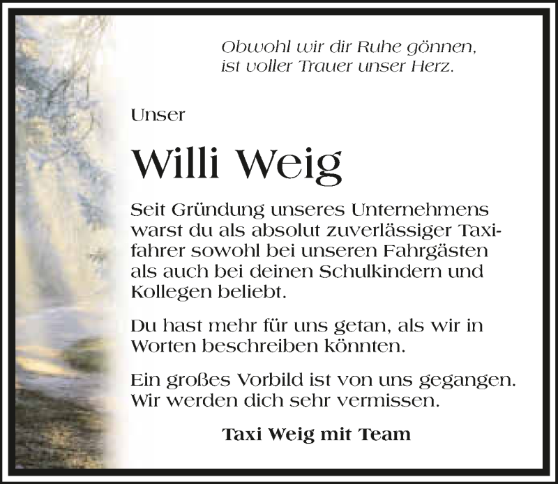  Traueranzeige für Willi Weig vom 26.01.2017 aus 