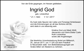 Traueranzeige von Ingrid God 