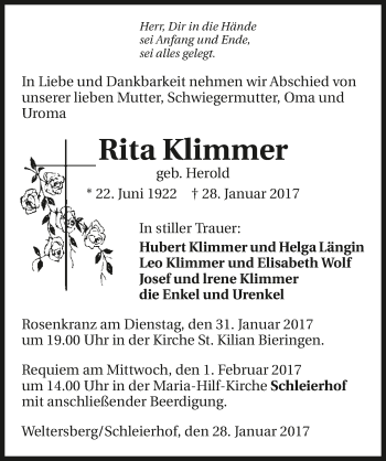 Traueranzeige von Rita Klimmer 