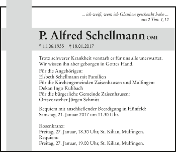 Traueranzeige von P. Alfred Schellmann 