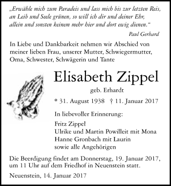 Traueranzeige von Elisabeth Zippel 