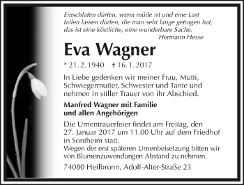 Traueranzeige von Eva Wagner 