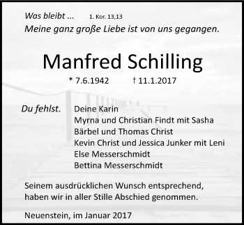 Traueranzeige von Manfred Schilling 