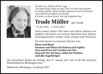 Traueranzeige von Trude Müller 