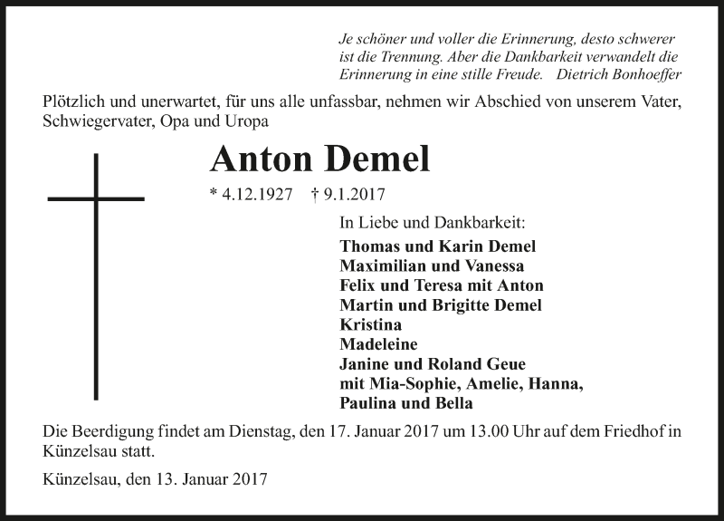  Traueranzeige für Anton Demel vom 13.01.2017 aus 