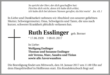 Traueranzeige von Ruth Esslinger 