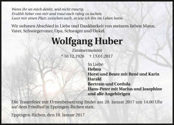 Traueranzeige von Wolfgang Huber 