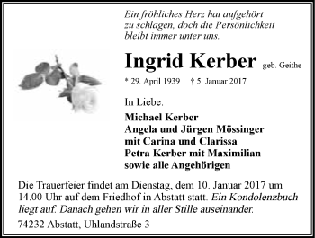 Traueranzeige von Ingrid Kerber 