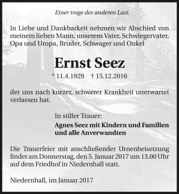 Traueranzeige von Ernst Seez 