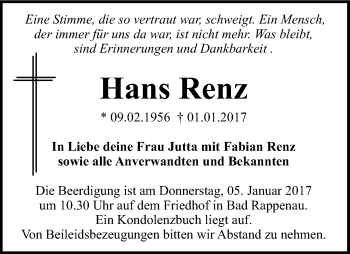 Traueranzeige von Hans Renz 