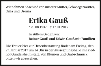 Traueranzeige von Erika Gauß 