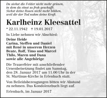 Traueranzeige von Karlheinz Kleesattel 