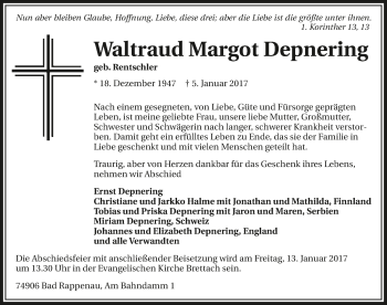 Traueranzeige von Waltraud Margot Depnering 